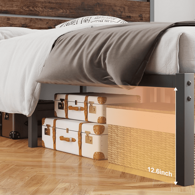 Dowellia Full Size Bed Frame with Headboard and Footboard, Metal Support, Rustic Brown