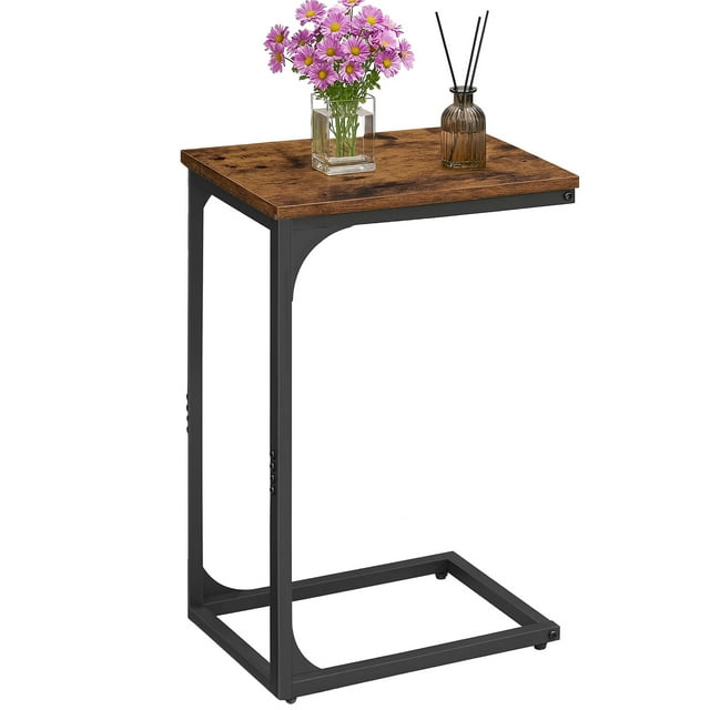 Dowellia C Shaped Metal and Wood Rectangle End Table Side Table for Living Room and Rooms, Brown Finish