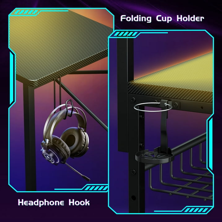 L Shaped Desk Gaming Desk with Power Outlet, 42 inch Reversible L Shaped Computer Table with Shelf & Storage Bag & Hook for Home Office, Black